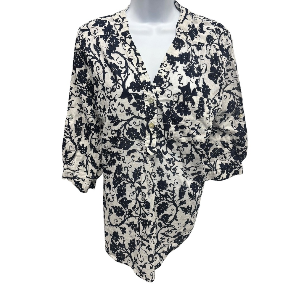 Peck & Peck Womens XL Navy White Floral Cotton 3/4 Roll Tab Sleeve Tunic Blouse